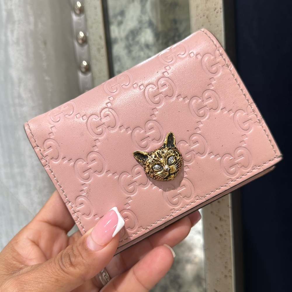 💖GUCCI Guccissima Signature Crystal Cat Card Case Wallet Light Candy Pink